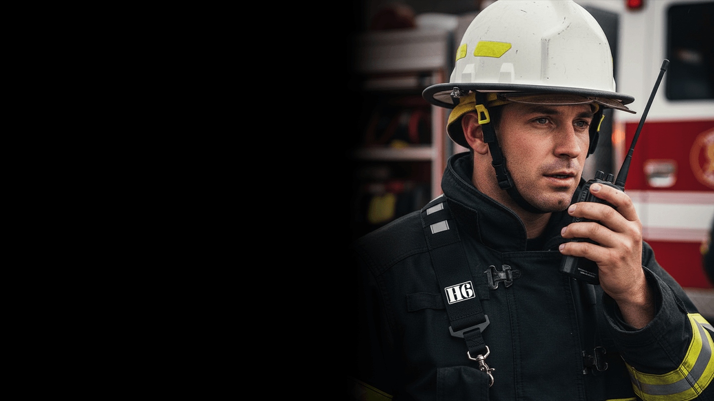 Firefighter wearing a helmet and communication device with a fire truck in the background