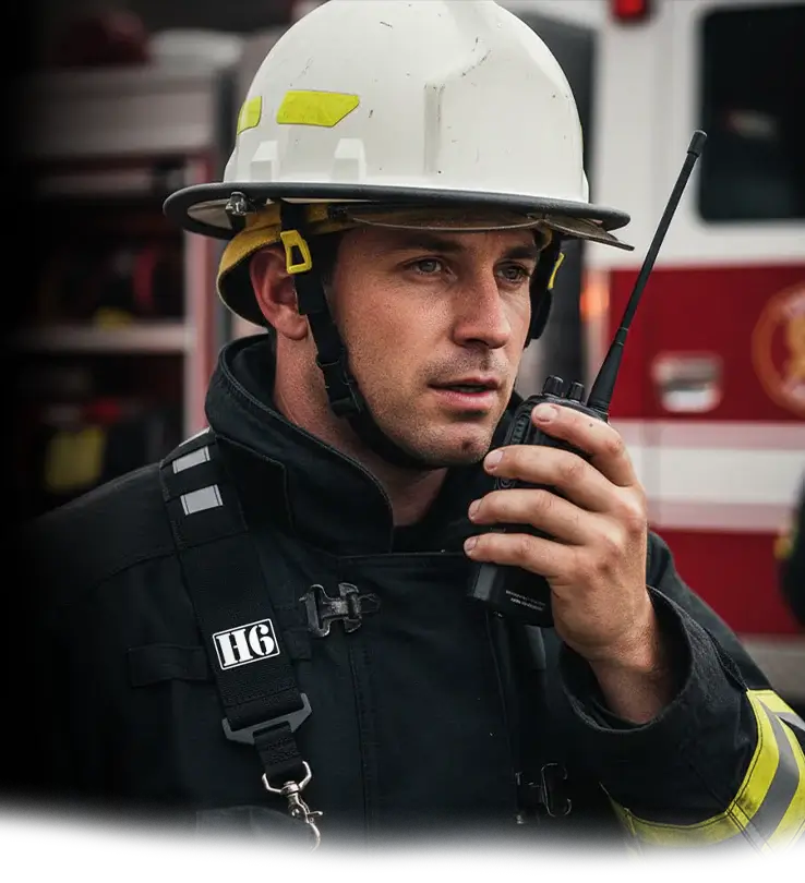 Firefighter wearing a helmet and communication device with a fire truck in the background