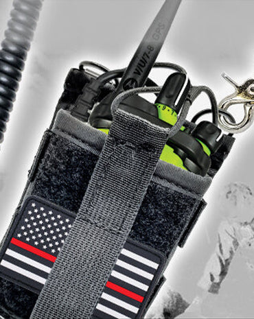 Two tactical pouches with American flag and stripe designs on a gray background.