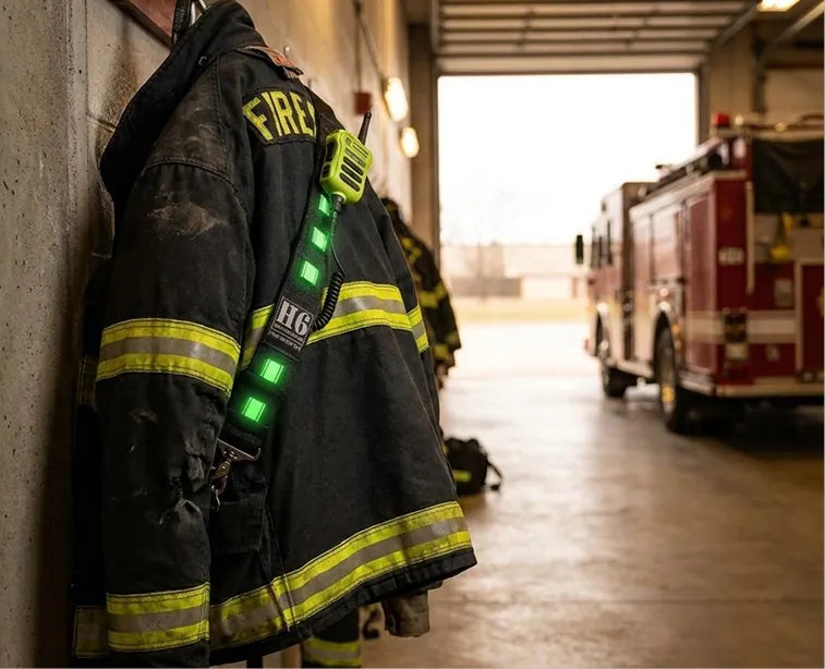 H6 glow-in-the-dark radio strap and radio hanging on a firefighter turnout coat inside a fire station, with a fire truck in the background
